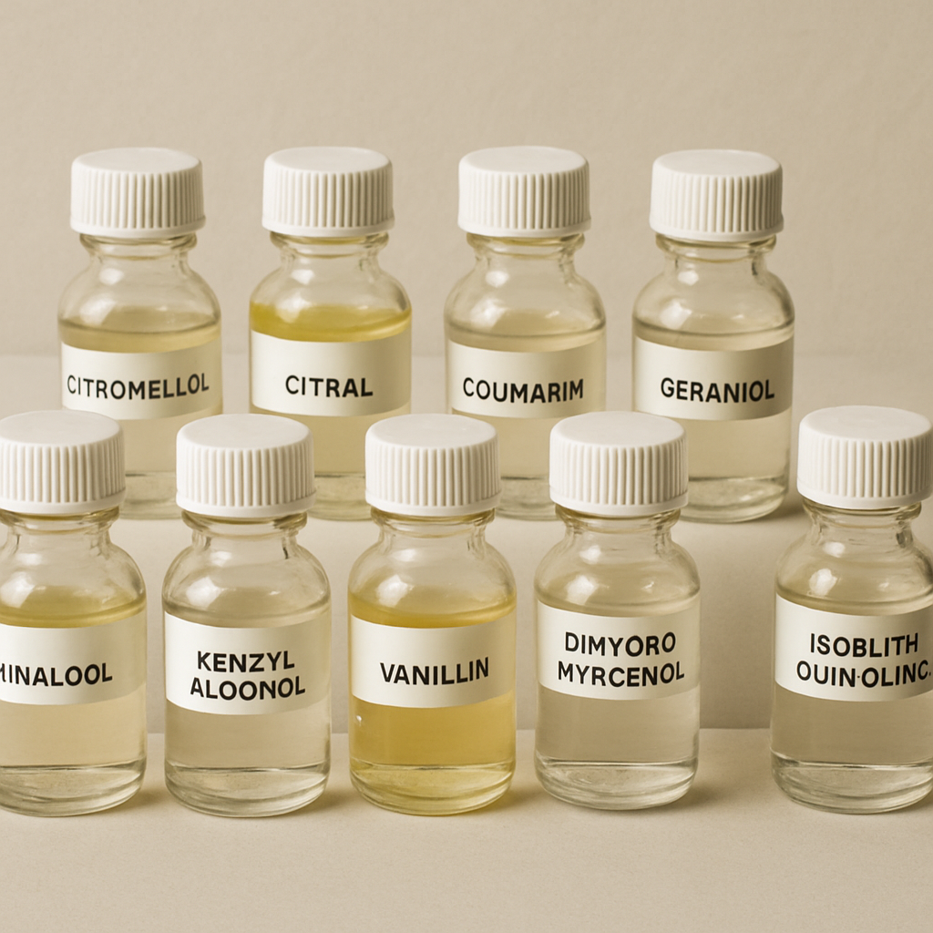 A collection of various aroma chemicals in glass bottles