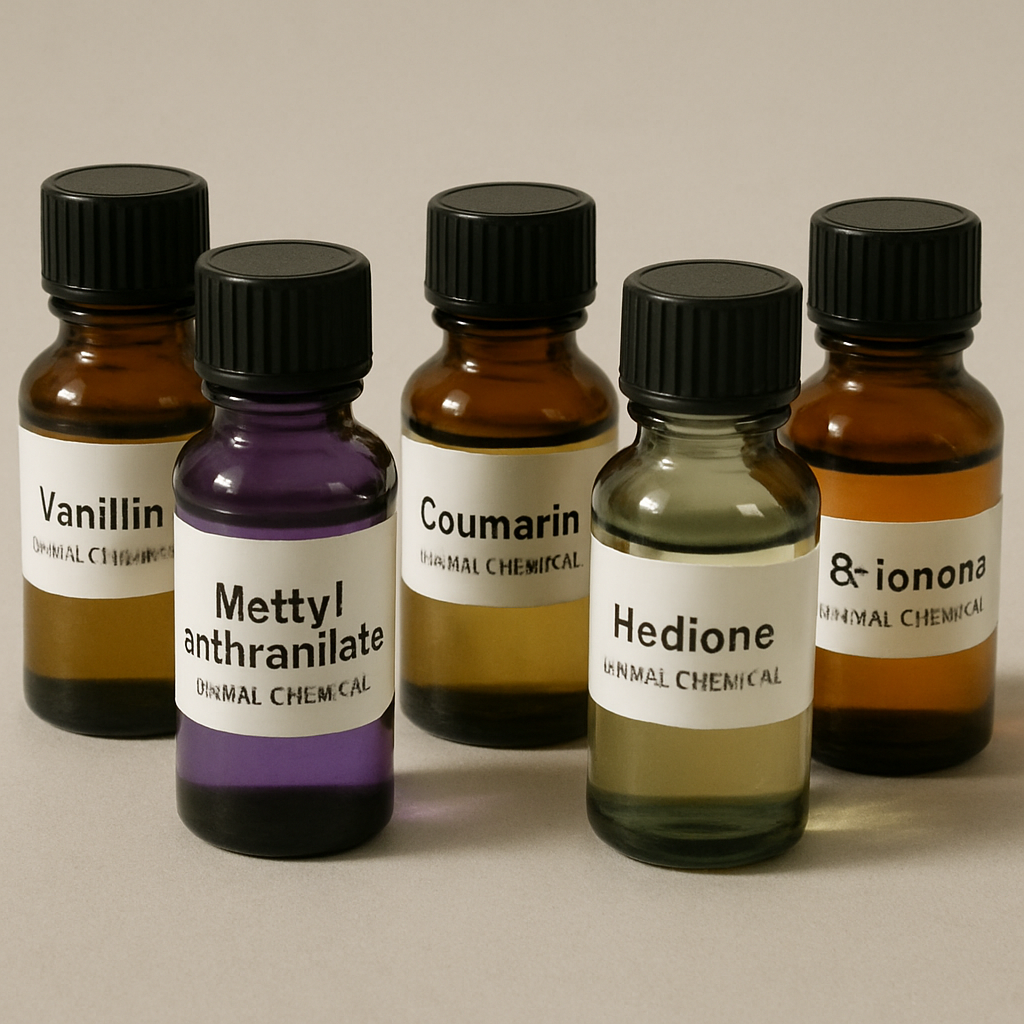 Bottles of aroma chemicals with different colors and labels