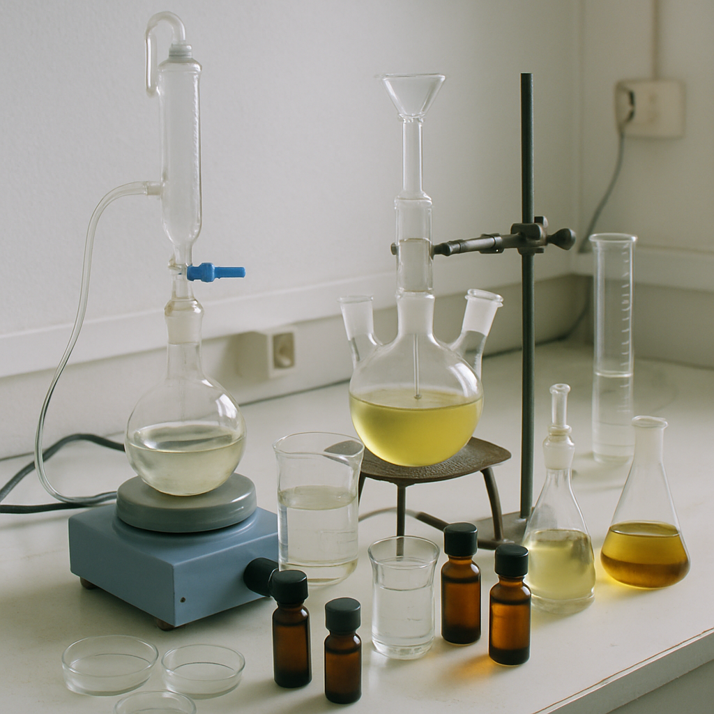 Laboratory setting with glassware for creating aroma chemicals